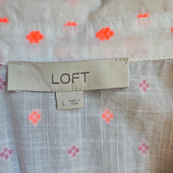 Ann Taylor Loft Polka Dot Tie Front White w Violet Coral - Sz L - Picture 8 of 12